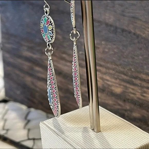 Boho Earrings DOUBLE DROP silver DANGLING TEAR SHAPE multi color Southwest Shine - Picture 4 of 7